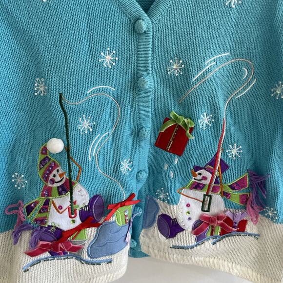 winter snowman embroidered blue vintage sweater vest by tiara international M - Picture 3 of 4